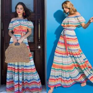 Flying Tomato Colorful Striped Off-Shoulder Maxi Dress Size Medium